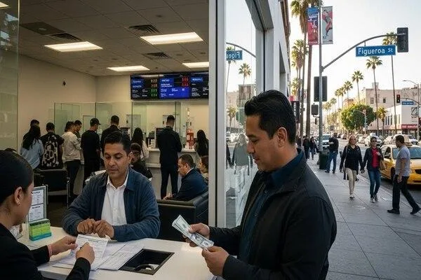 Customers completing a money transfer on Figueroa Street

