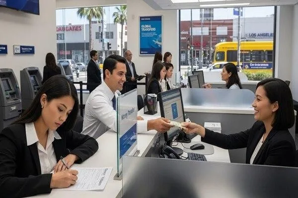 Cliente completando una transferencia de dinero en Figueroa Street