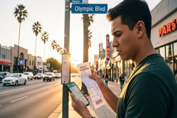 Man reviewing money transfer details along Los Angeles Olympic Blvd
