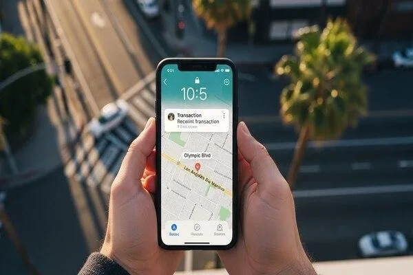 Cliente verificando actualización de transacción cerca de Los Angeles Olympic Blvd