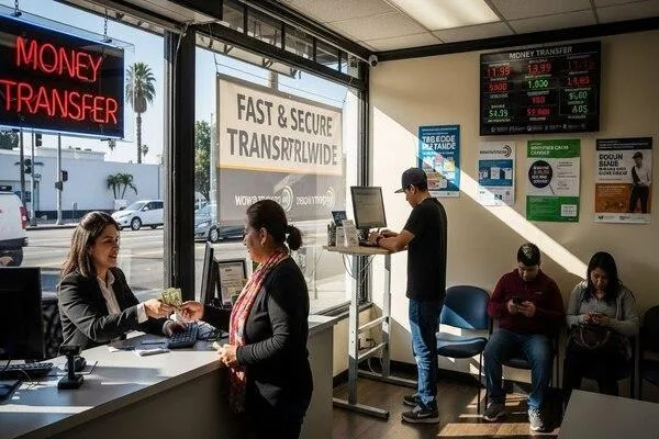 Clientes completando una transferencia de dinero en Los Angeles Olympic Blvd