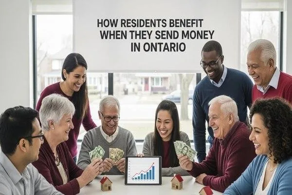 Personas que comentan las ventajas de enviar dinero en Ontario