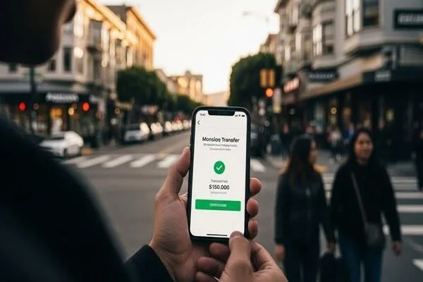 Persona confirmando transferencia de dinero en Mission St