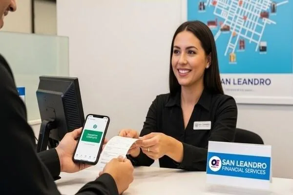 Cliente completando una transferencia de dinero sin problemas en San Leandro 
