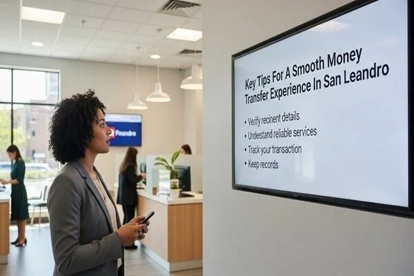 Cliente leyendo consejos para una transferencia sin problemas en la oficina de San Leandro 