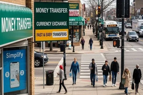 Peatones en Cermak Rd cerca de los servicios locales de transferencia de dinero 

