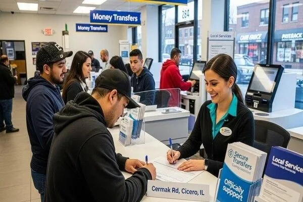 Personal que ayuda a los clientes con transferencias de dinero en Cicero 
