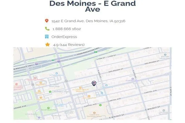 Map showing the Order Express Des Moines Grand Ave location
