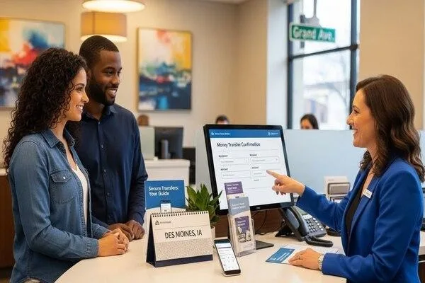 Staff guiding customers on safe money transfers Des Moines
