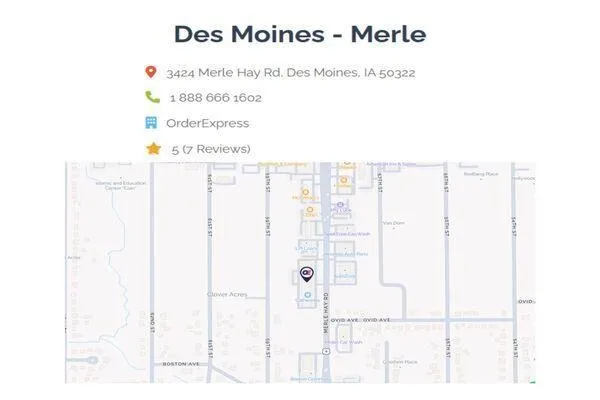 Mapa y detalles de la ubicación de Order Express en Des Moines Merle