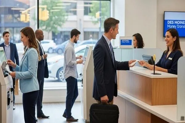 Clientes ocupados que usan transferencias de dinero en Des Moines Merle