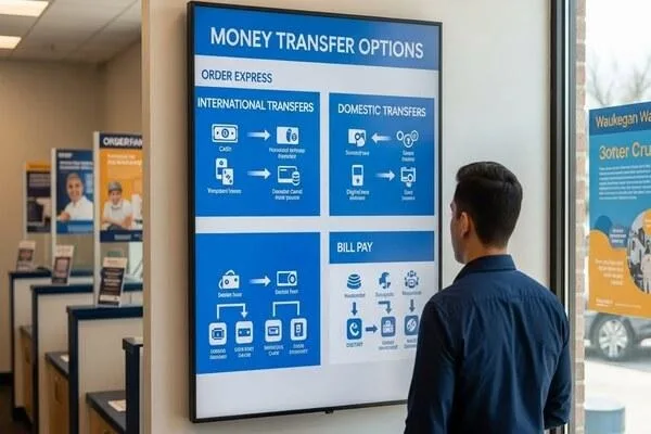 Customer reviewing money transfer options in Waukegan