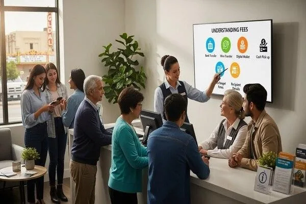 Customers learning money transfer basics in Glendale branch