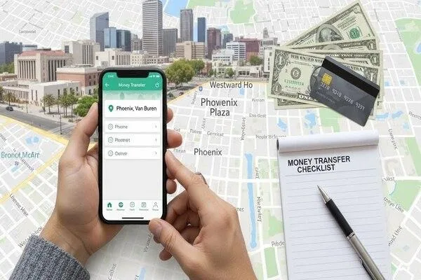 User reviewing money transfer checklist in Phoenix Van Buren

