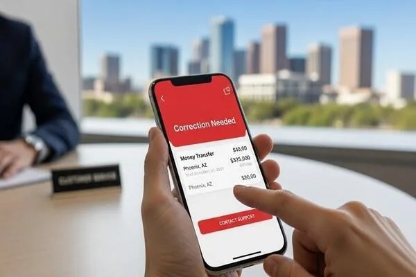 Teléfono que muestra los pasos de corrección de transferencia de dinero en Phoenix 
