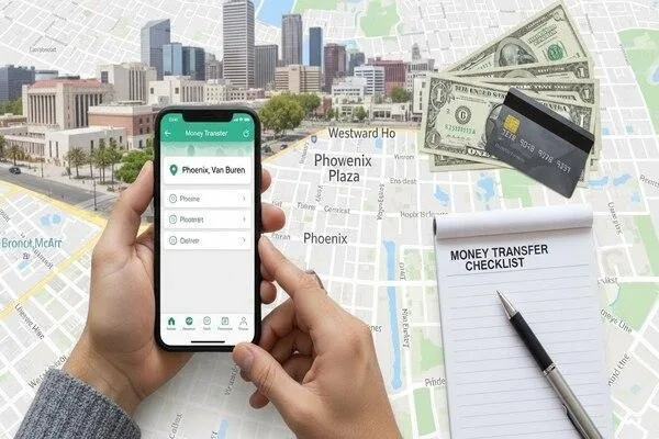 Usuario que revisa la lista de verificación de transferencia de dinero en Phoenix Van Buren
