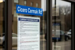 Cicero Cermak Rd currency exchange rules sign
