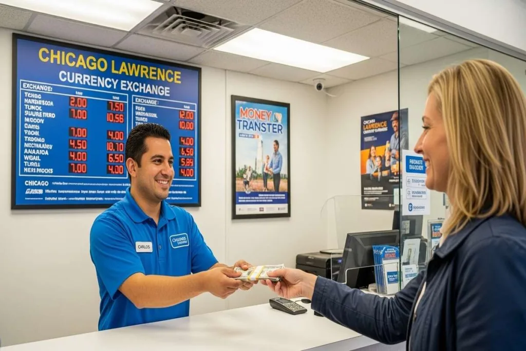 Servicio conforme en el mostrador de cambio de divisas de Chicago Lawrence