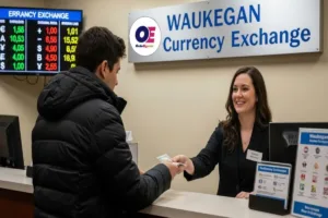 Cliente completando transferencia en casa de cambio de divisas de Waukegan