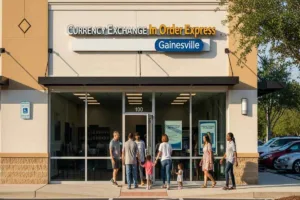 Clientes de Gainesville visitando una casa de cambio de divisas en Order Express