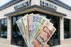 Mano sosteniendo monedas mixtas afuera del cambio de Norcross