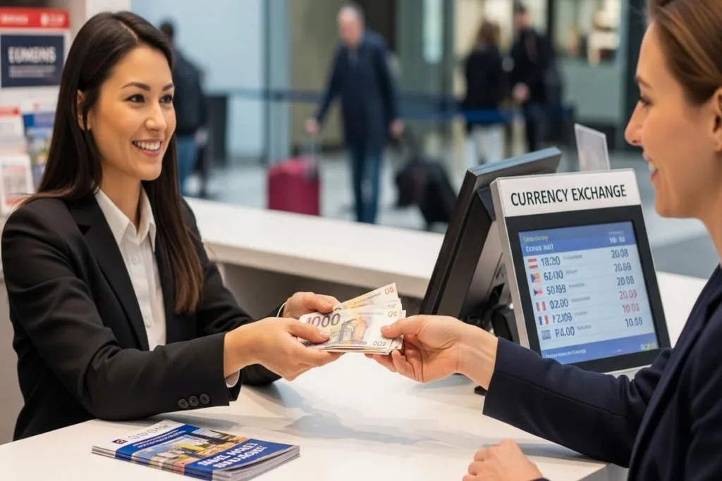 Cajero que ayuda a un cliente con el cambio de divisas en persona
