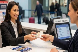 Cajero que ayuda a un cliente con el cambio de divisas en persona