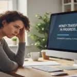 Frustrated woman waiting for slow Money Transfer on computer screen.