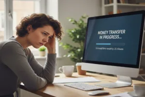 Frustrated woman waiting for slow Money Transfer on computer screen.