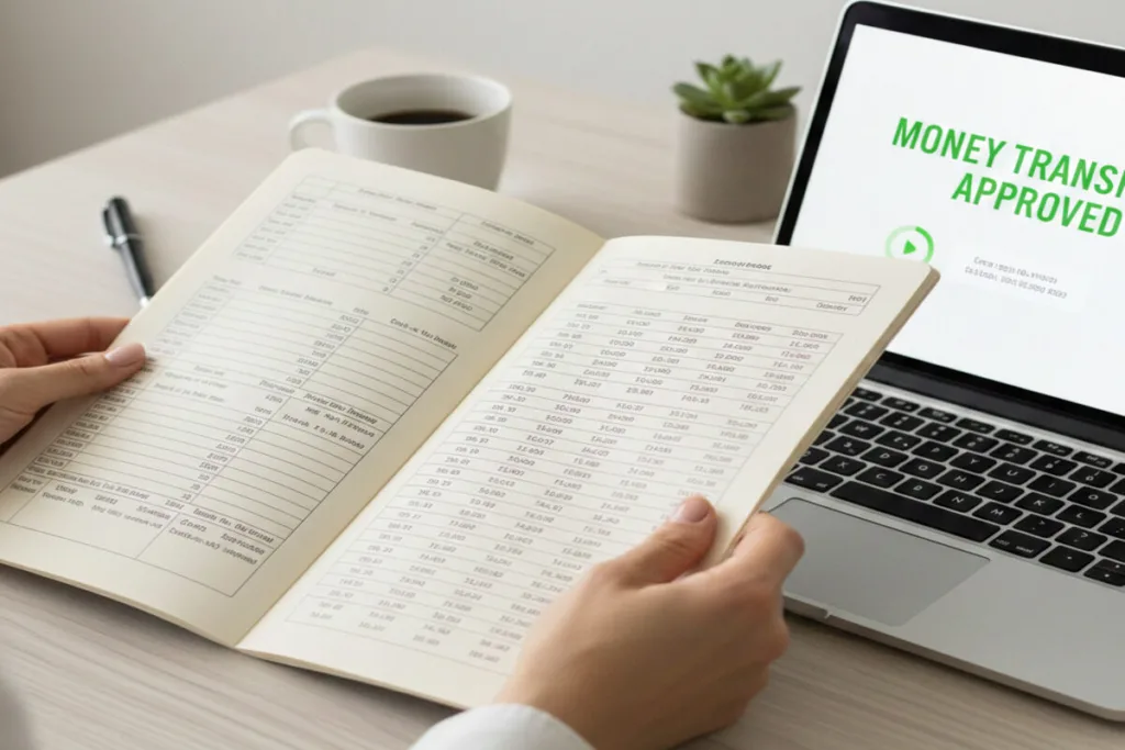 Hands reviewing financial records beside Money Transfer approval on laptop.