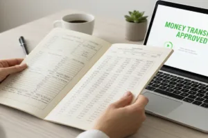 Hands reviewing financial records beside Money Transfer approval on laptop.