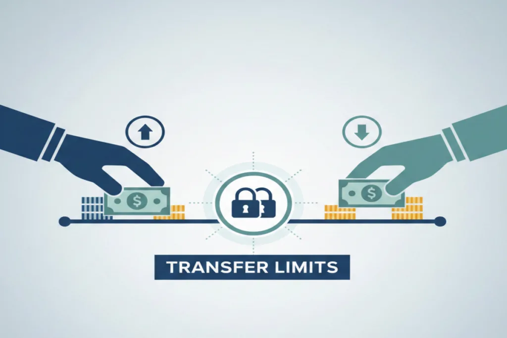 Illustration showing Money Transfer limits with hands exchanging cash.