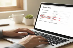 Laptop displays Money Transfer error while user types account details.