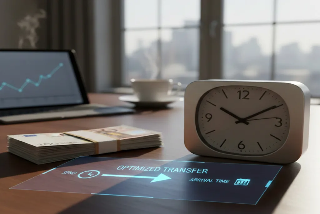 Money Transfer optimization concept with clock cash and workspace