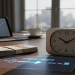 Money Transfer optimization concept with clock cash and workspace