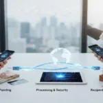 Money Transfer stages displayed with smartphones, documents, and digital security.