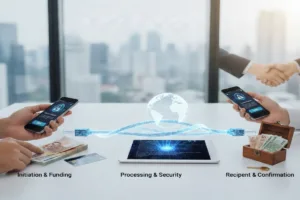 Money Transfer stages displayed with smartphones, documents, and digital security.