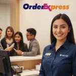 Smiling teller at counter supporting customers with Money Transfer services.