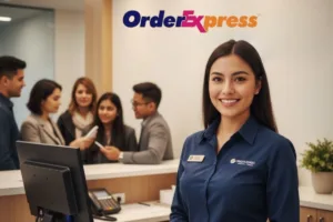 Smiling teller at counter supporting customers with Money Transfer services.