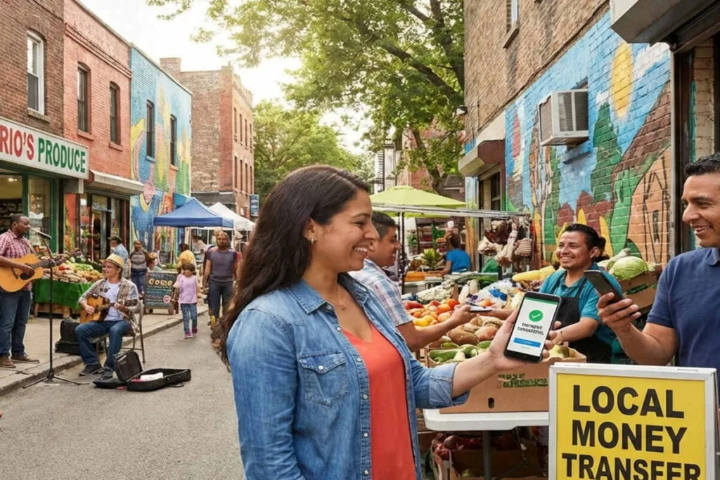 Woman using Money Transfer apps in vibrant street market.