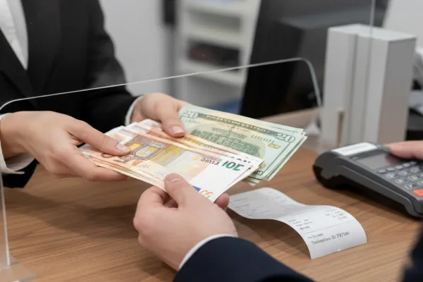Currency Exchange transaction showing cash handover at counter
