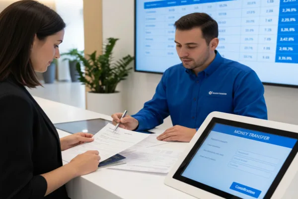 Customer completing Money Transfer form with staff assistance at counter.