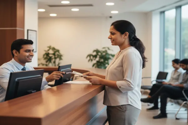 Cliente entregando documentos para transferencia de dinero en la recepción.