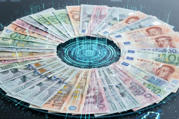 Digital Currency Exchange visualization with international banknotes and data overlay