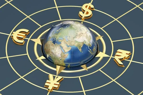 Símbolos de cambio de moneda global que rodean la ilustración del mapa mundial