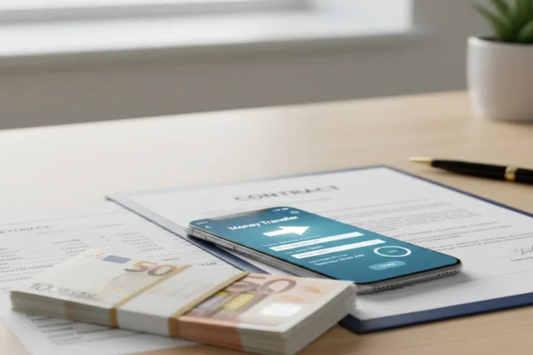 Money Transfer displayed on smartphone with cash and documents