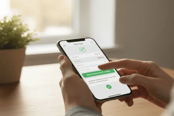 Persona que completa una transferencia de dinero el mismo día en un teléfono móvil.