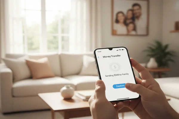Smartphone screen showing Money Transfer being sent to family