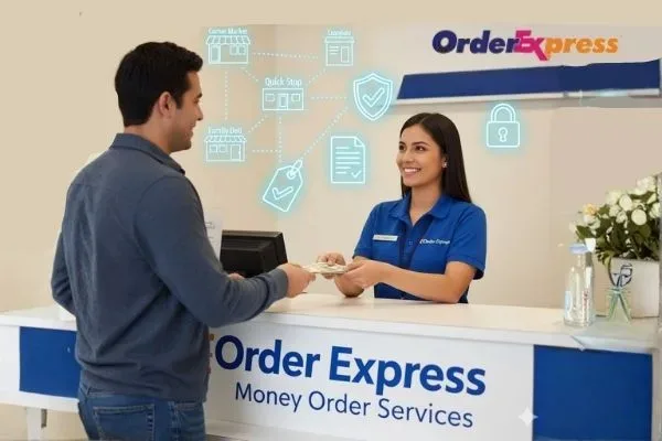 Teller supporting customer with Money Transfer at service desk.