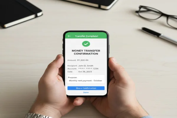  User viewing Money Transfer confirmation details on smartphone.
